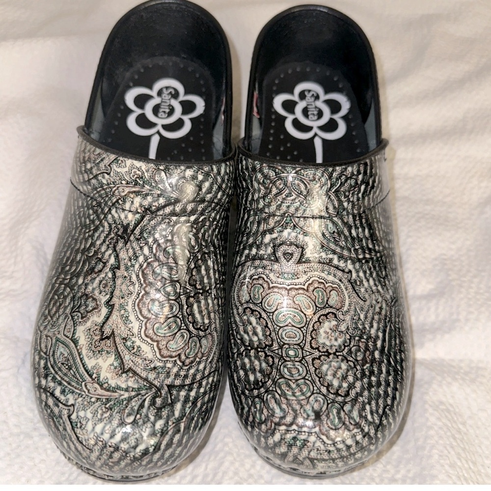 Womens Sanita Brown/Teal/Black Paisley Clogs‎ Shoes, Preowned sz 7.5 US Eur 37